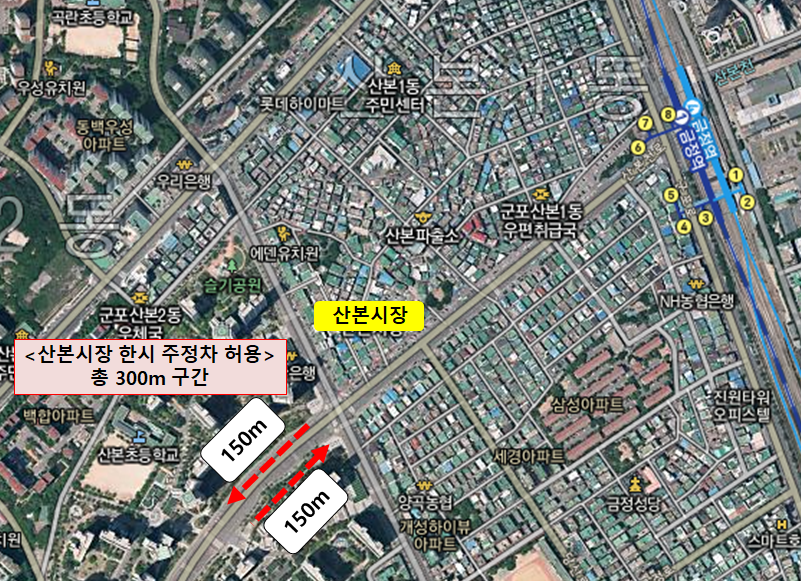 한시적으로 주차가 산본시장 주변 구간(붉은색 화살표). 사진=군포시청