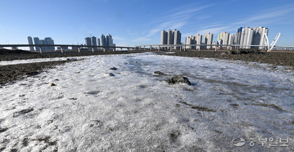 최근 강추위가 기승을 부리는 가운데 5일 인천 연수구 송도동 바다 갯벌이 연일 이어지는 한파로 꽁꽁 얼어 있다.기상청은 6일 전국에 가끔 구름이 많은 가운데 서울 인천 경기남부와  전국적으로 오전에 비 또는 눈이 오겠다고  예보했다. 정선식기자