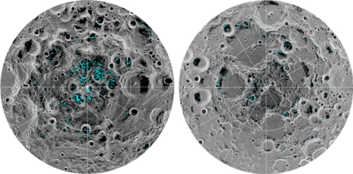 M3로 측정된 달 남극(왼쪽)과 북극의 얼음(파란색)