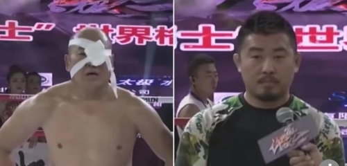 이종격투기 강사 쉬샤오둥(오른쪽)에게 일방적으로 패배한 중국 무술가 톈예. 사진=SCMP 캡처, 유튜브 캡처