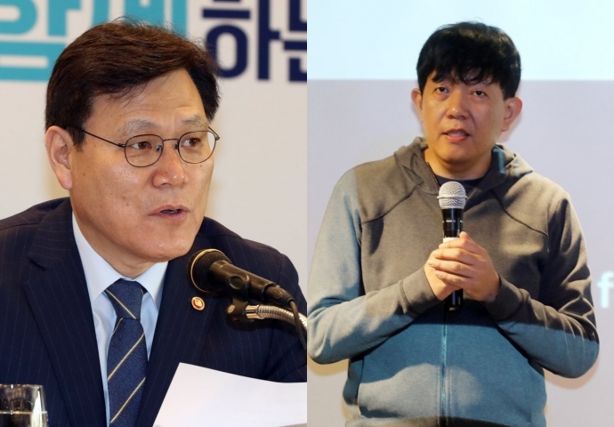 최종구 금융위원장(왼쪽)과 이재웅 쏘카 대표. 사진=연합뉴스