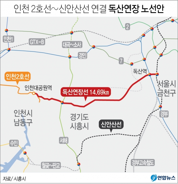 시흥시는 인천 2호선 전철을 현재 추진 중인 신안산선과 연결하는 연장 노선의 최적 안으로 '독산연장 노선'이 선정됐다고 11일 밝혔다. 연합