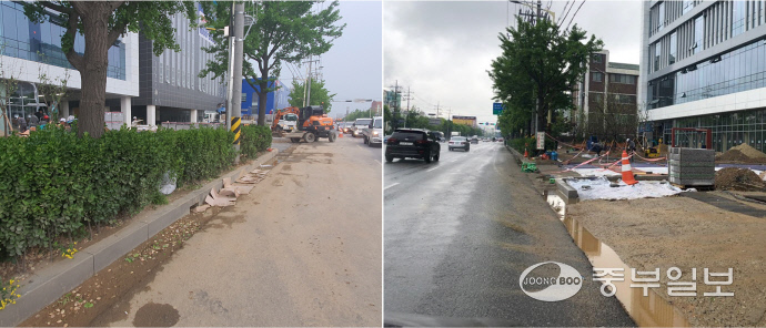 20일 인천 서구 가좌동 주안지식산업센터 공사현장의 토사가 도로에 흘러내린 뒤 마른 모습(왼쪽)과 비가 내렸을 때의 모습(오른쪽). 사진=정민교 기자