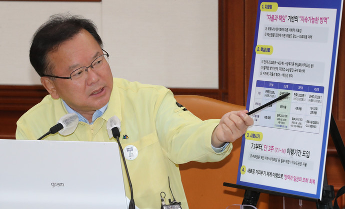 김부겸 국무총리가 20일 정부서울청사에서 열린 코로나19 대응 중앙재난안전대책본부(중대본) 회의에서 새로운 거리두기에 관해 설명하고 있다. 연합