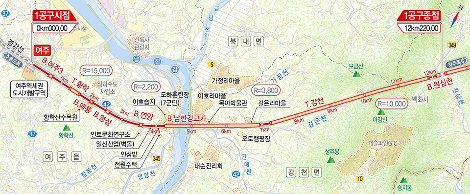 여주~원주간 22.03km의 복선전철 연장가운데 12.2km의 여주구간 노선도. 사진=여주시청