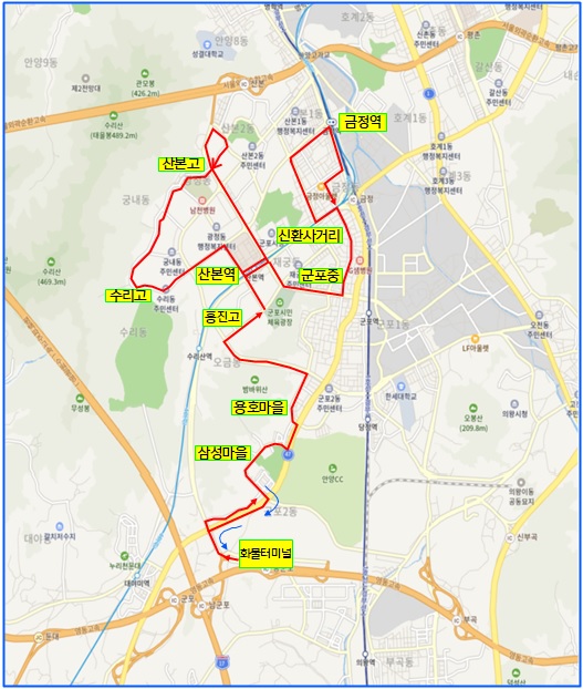 복합물류터미널을 출발해 금정역을 반환역으로 해서 다시 돌아오는 산본여객 30번 시내버스 노선도. 사진=군포시청