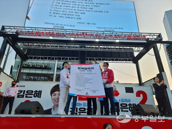 지난 21일 안성 서인사거리에서 실시한 집중유세 및 정책 협약식에서 이영찬 안성시장 후보와 김은혜 경기도지사 후보가 함께 정책협약서를 들어보이고 있다. 사진=이영찬안성시장후보캠프