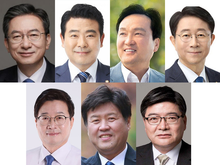 (왼쪽 위부터)정성호 의원, 박정 의원, 안민석 의원, 조정식 의원, (왼쪽 아래부터)염태영 전 수원시장, 김용 전 경기도 대변인, 김용진 전 국민연금공단 이사장