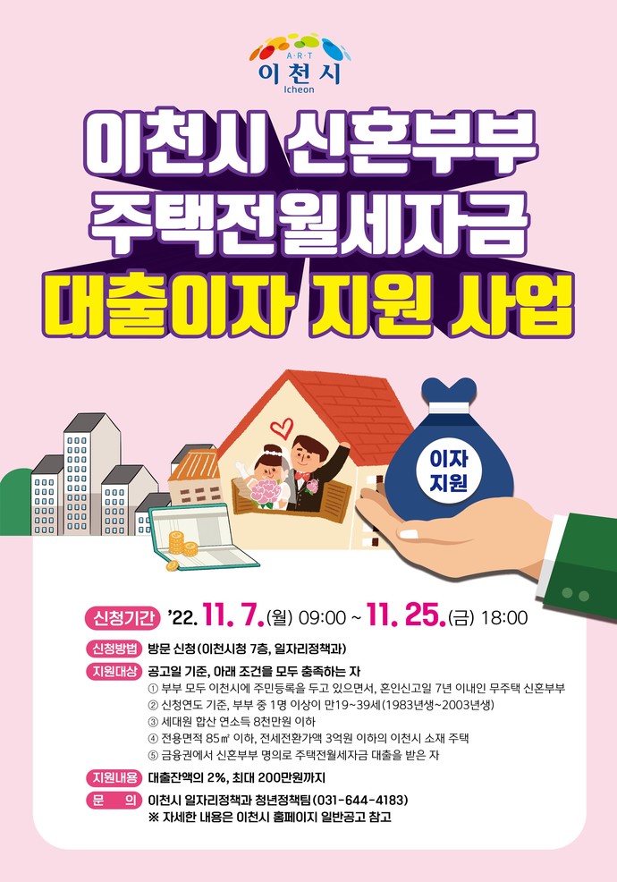 이천시가 신혼부부의 안정적인 지역정착을 위한 주택전월세자금 대출이자를 최대 200만원까지 지원한다. 사진=이천시청
