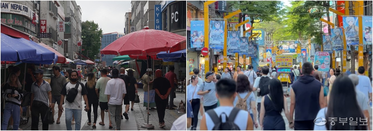 안산시 다문화마을특구 거리(왼쪽 사진)와 외국인들이 많이 찾는다는 대만 타이페이 시멘 스테이션 인근 거리의 모습. 김도윤기자