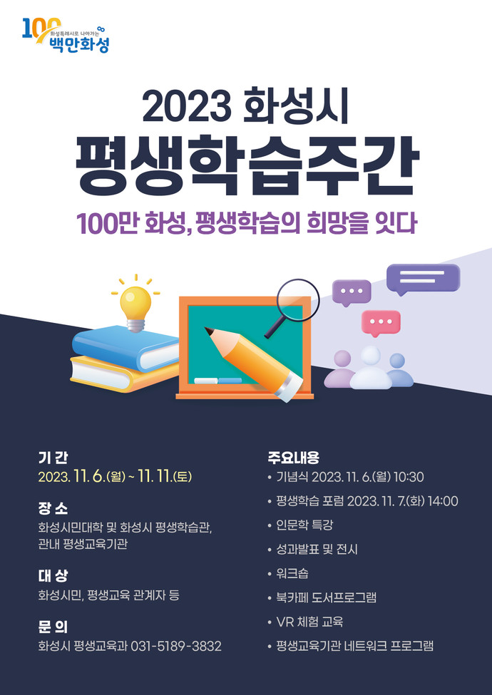 화성시가 ‘2023년 평생학습주간 행사’를 11월 6일부터 11일까지 화성시민대학 및 화성시평생학습관 일대에서 개최한다고 19일 밝혔다. 사진=화성시청