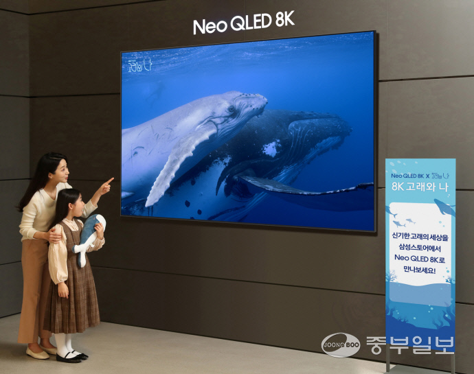 삼성전자 모델이 삼성스토어 대치점에서 ‘8K 고래와 나’ 이벤트를 소개하고 있다. 사진=삼성전자