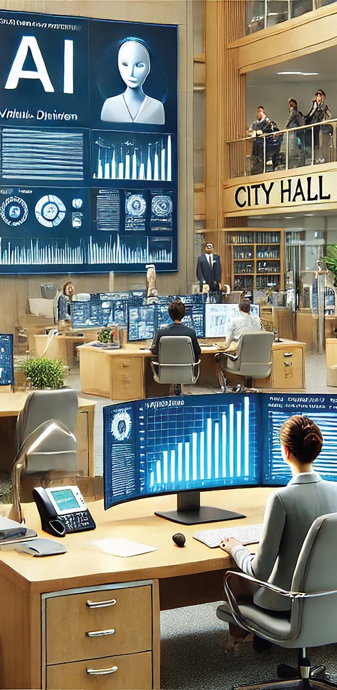 인공지능(AI) 기술이 경기도 행정, 교육분야에서 AI면접체험관, AI챗봇 서비스, 경기노인 AI+ 돌봄등 다양한 서비스에활용하고 성과를 내고 있어 앞으로 AI 기술이 가져올 변화에 대한 기대감이 커지고 있다. 사진은 AI기술을 접목해 행정업무를 보는 주제로 챗GPT-4를 이용해 생성한 이미지. 사진부