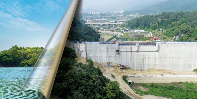 공사가 진행 중인 원주천댐을 상류부에서 바라본 풍경.  사진=한국수자원공사 한강유역본부