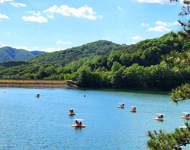 파주시 마장호수에서 방문객들이 수상 여가활동을 즐기고 있다. 사진=파주시청