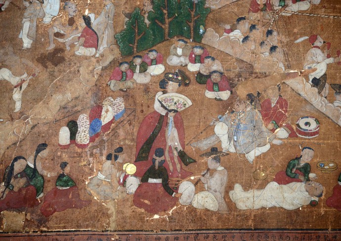 청련사 대웅전에 봉안된 감로탱 세부. 멋진 꽃부채를 들고 춤을 추는 여인이 눈에 띈다. 사진=주수완