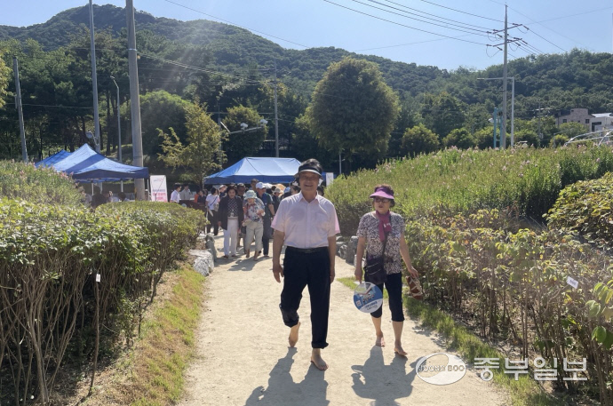 4일 김성제 의왕시장이 오전동 꽃길공원 맨발걷기길을 시민들과 직접 체험하고 있다. 손용현기자