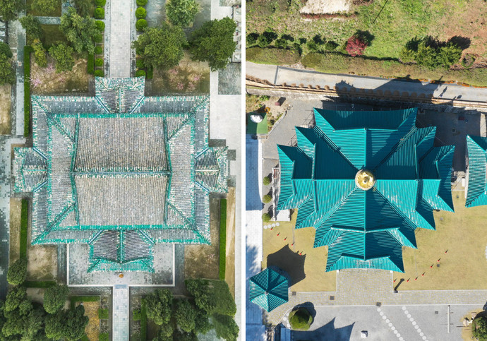 십자형 건축으로 세계적으로 유명한 중국 하북성 정정현 융흥사의 마니전(오른쪽)과 법륜사 대웅전(왼쪽)의 위에서 본 모습. 사진=주수완