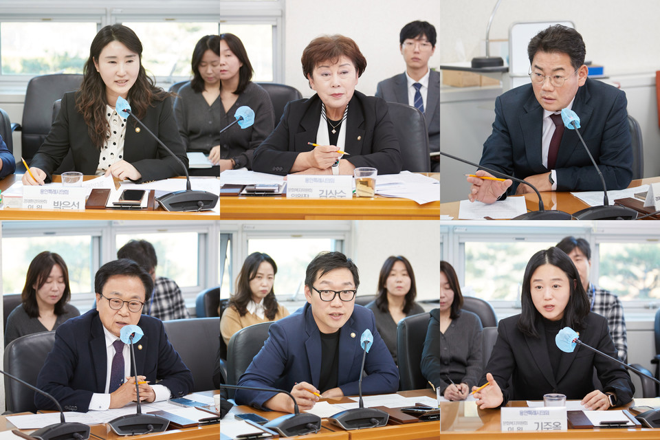 18일 용인특례시의회 대회의실에서 열린 소상공인연합회와 함께하는 현안 토론회에 참석한 의원들이 발언하고 있다. 상단 왼쪽부터 시계방향으로 박은선 윤리특별위원장, 김상수 문화복지위원장, 이진규 의원. 기주옥 의원, 강영웅 의원, 김영식 의원. 사진=용인시의회