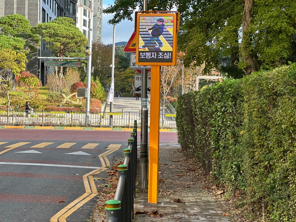 과천고교삼거리에 설치된 영상식 '우회전차량 보행자 경고 시스템'. 사진=과천시