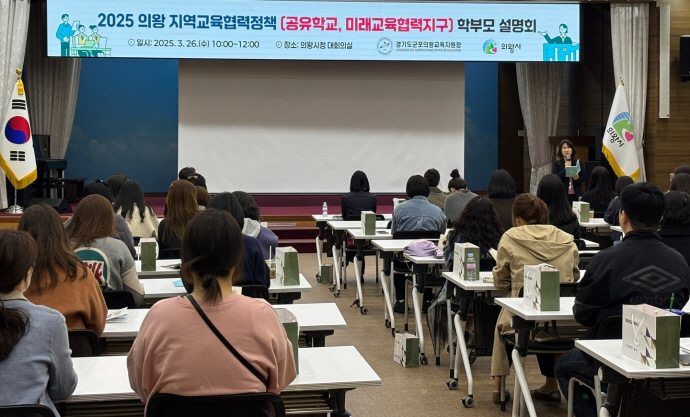 26일 의왕시청 대회의실에서 열린 ‘2025 의왕 지역교육협력정책 학부모 설명회’에서 교육지원청 관계자가 공유학교·미래교육협력지구 정책에 대해 설명하고 있다. 사진=군포의왕교육지원청