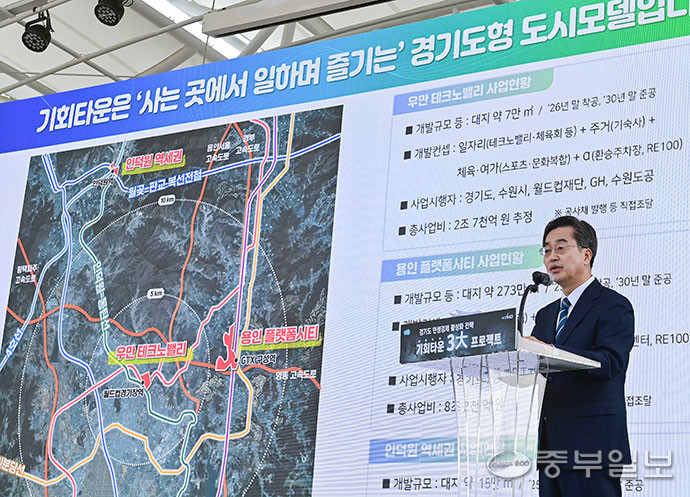 김동연 경기도지사가 11일 수원월드컵경기장에서 경기 기회타운 3대 프로젝트를 발표하고 있다. 임채운기자