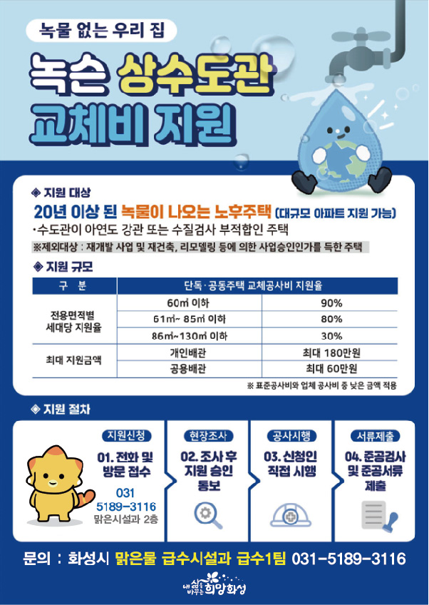 화성특례시는 '녹물 없는 우리 집 수도관 개량 지원사업'을 추진한다. 사진=화성시