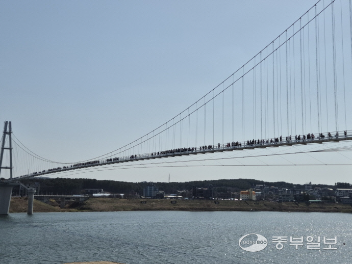 출렁다리 아래에서 바라본 여주남한강출렁다리 전경. 수많은 관광객이 출렁다리를 걸으며 즐거움을 만끽하고 있다. 김규철기자