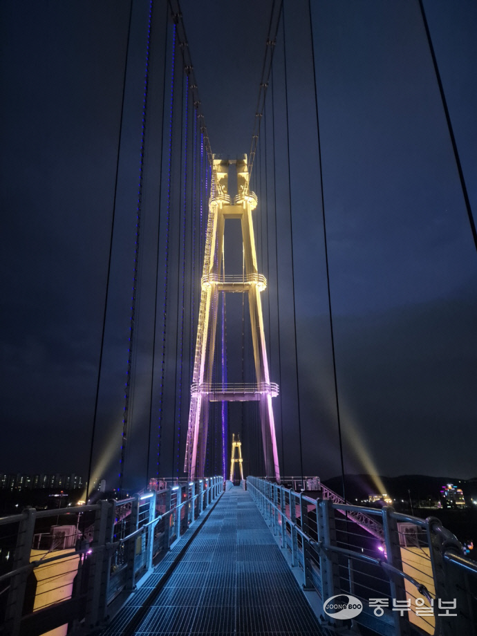 야간경관조명이 점등된 515m길이의 여주남한강출렁다리의 모습. 김규철기자