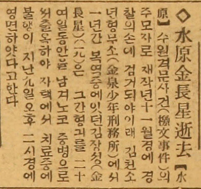 김장성의 사망 소식을 보도한 중앙일보 1933년 3월 12일자.