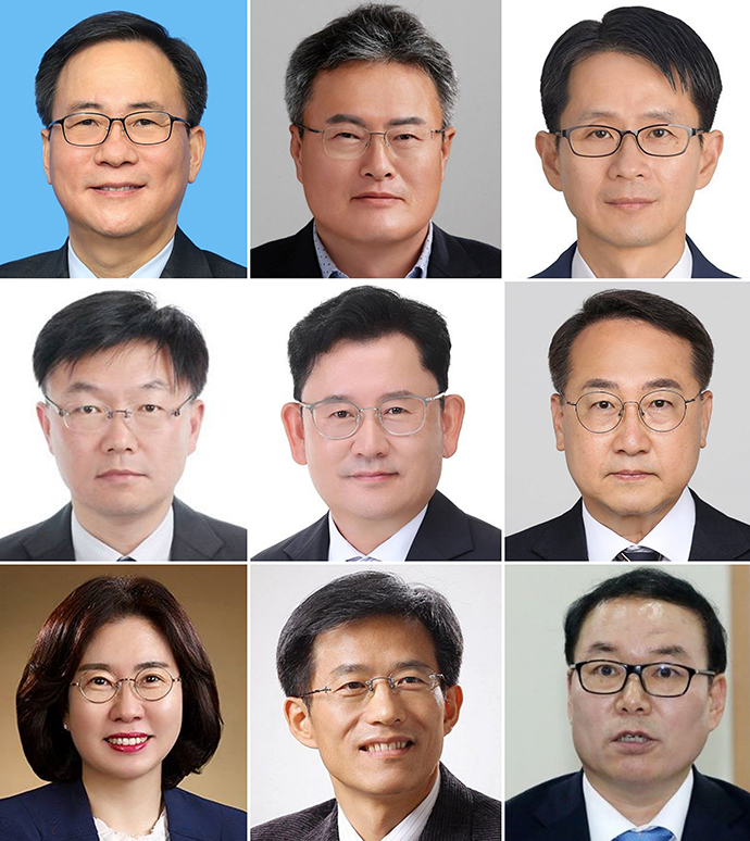 재명 대통령은 13일 강유정 대통령실 대변인 브리핑을 통해 차관급 추가 인선을 발표했다.     첫째 줄 왼쪽부터 김영수 문화체육관광부 1차관, 김대현 문화체육관광부 2차관, 백승보 조달청장.    둘째 줄 왼쪽부터 안형준 통계청장, 이승돈 농촌진흥청장, 김인호 산림청장.    셋째 줄 왼쪽부터 이미선 기상청장, 방용승 민주평화통일자문회의 사무처장, 정한중 소청심사위원회 위원장. 대통령실 제공