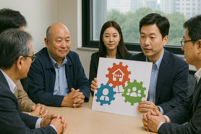 지자체-주민-사업주 간담회를 통해 합의에 이르는 과정을 가정해 AI로 이미지 생성했다. 사진=ChatGPT