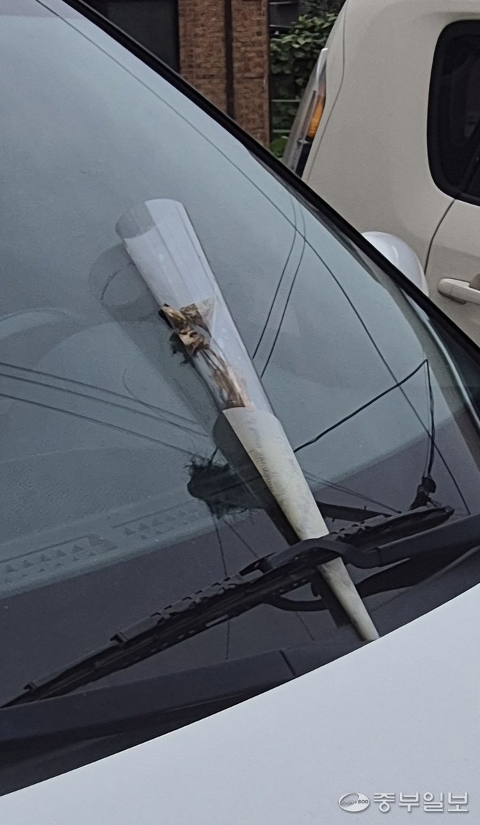 지난달 26일 한 남성이 차량 안에서 숨진 채 발견된 가운데 고인이 발견된 광주시 도심 주택가 차량 위에 메마른 국화꽃 한 송이가 놓여 있다. 김동욱 기자