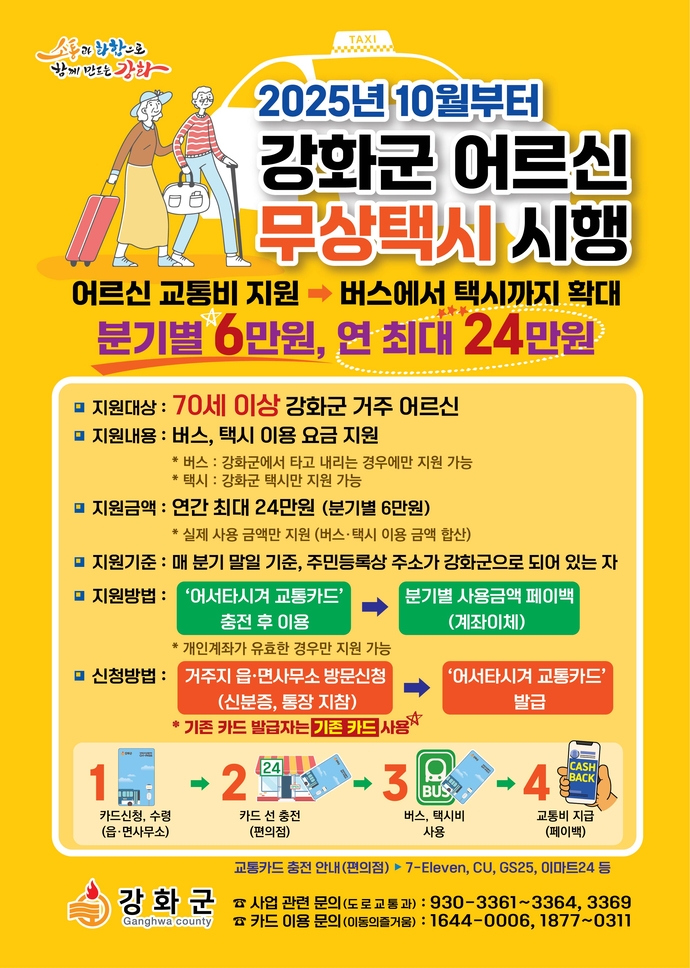 인천 강화군이 전국 지자체 중 두 번쨰로 무상택시 사업을 시행한다.