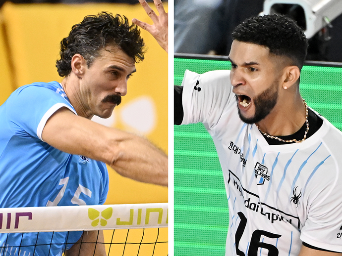 올 시즌 트리플크라운 경쟁이 기대되는 대한항공의 러셀(사진 왼쪽)과 현대캐피탈의 레오. 사진=한국배구연맹