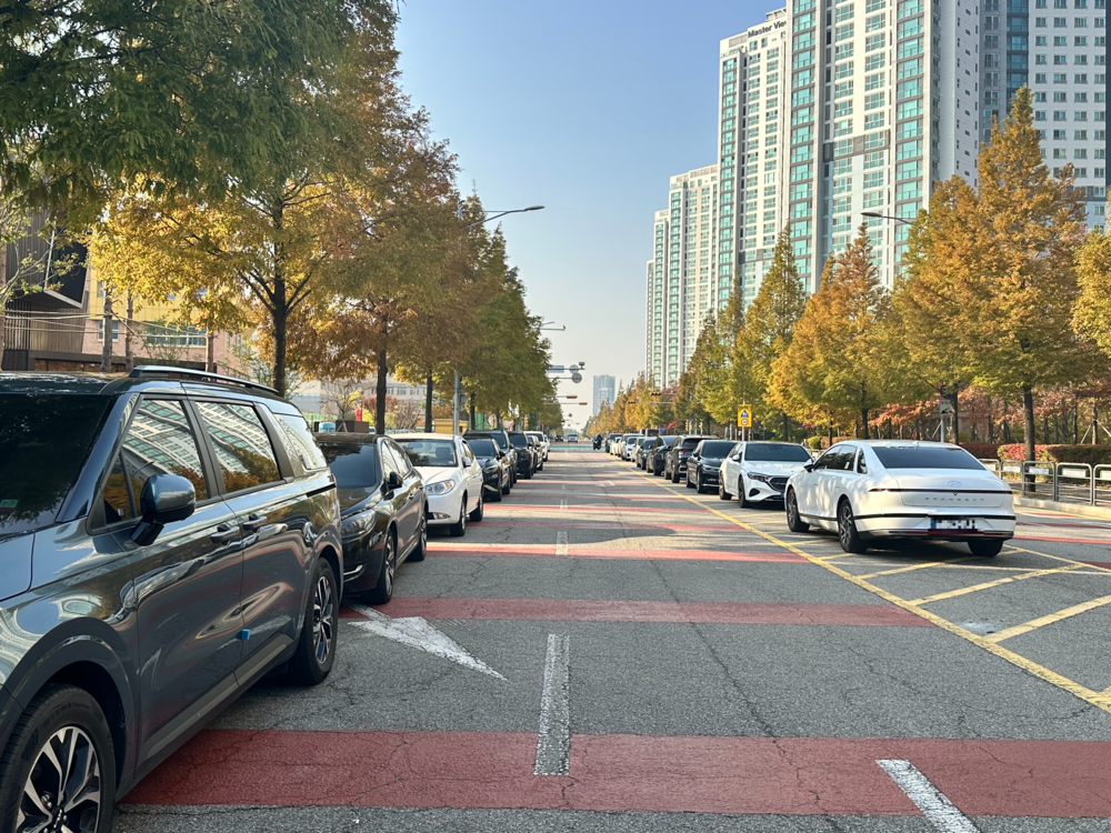 4일 오후 송도국제도서관 앞에 불법주차된 차량이 줄지어 서 있다. 사진=장수빈 기자