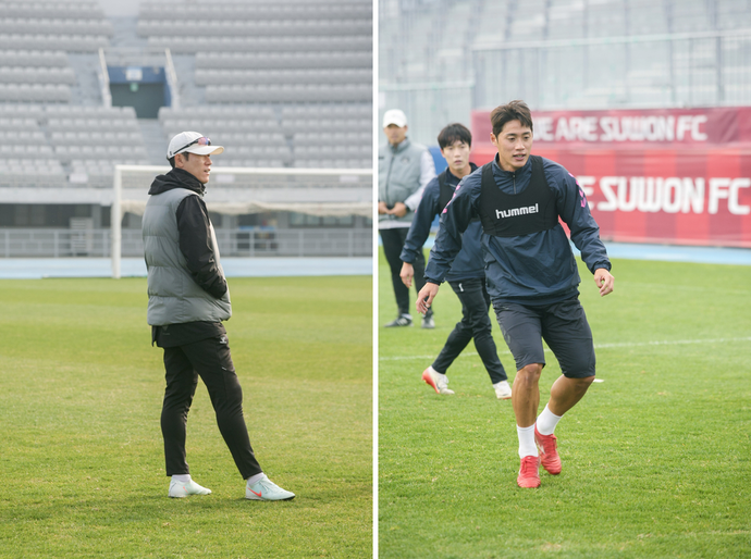 (왼쪽)19일 수원종합운동장서 수원FC 김은중 감독이 선수 훈련을 지켜보고 있다. (오른쪽) 같은 날 수원FC 한희찬이 훈련에 임하고 있다. 사진=수원FC