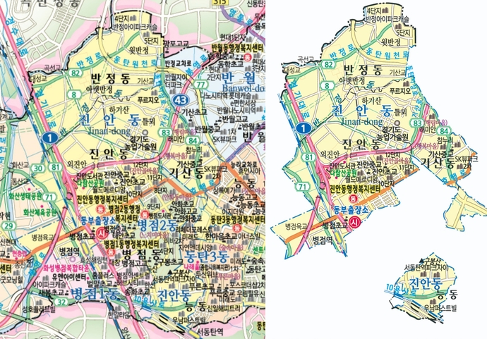 화성시 진안동 일대의 지도. 사진 왼쪽은 진안동 지역만 따로 표시해둔 사진. 사진=소송대리인, 화성시