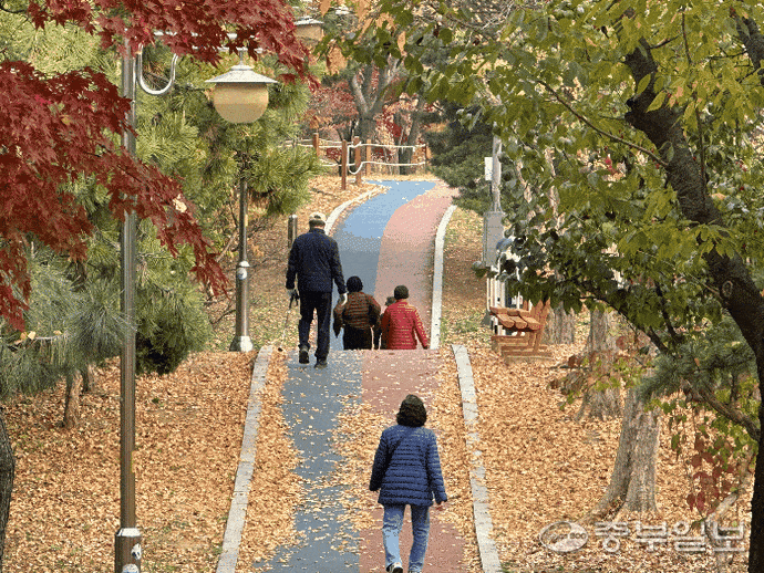 24일 인천 부평구 십정동에 소재한 부평열우물숲의 경사진 산책로를 산책 중인 이용자들. 사진=노선우 기자